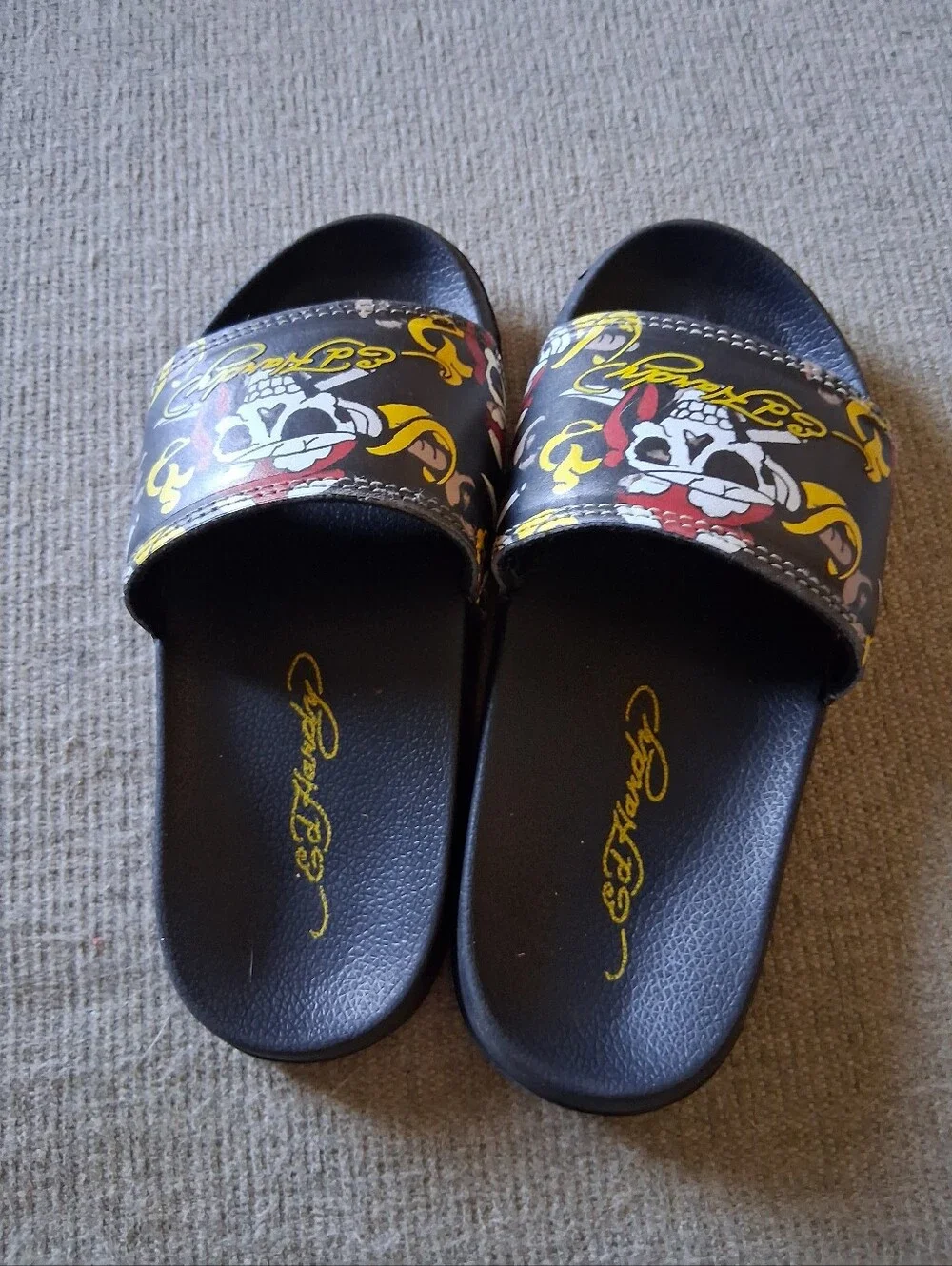 Ed Hardy Slide Sandals Shoes Kids Size 12 Black Skull Pirate Logo Slip On